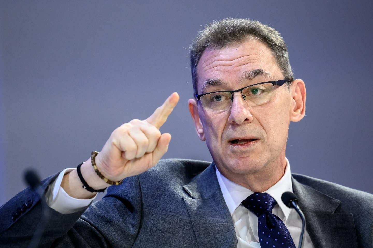 Pfizer chairman and CEO Albert Bourla gestures as he speaks during the final day of the World Economic Forum (WEF) annual meeting in Davos on January 23, 2026. (Photo by Fabrice COFFRINI / AFP via Getty Images)