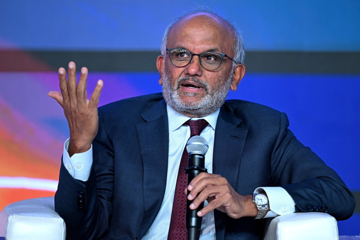 Shantanu Narayen, Chairman and CEO of Adobe Systems addresses the gathering on the first day of the three-day B20 Summit in New Delhi on August 25, 2023. (Photo by Sajjad HUSSAIN / AFP) (Photo by SAJJAD HUSSAIN/AFP via Getty Images)