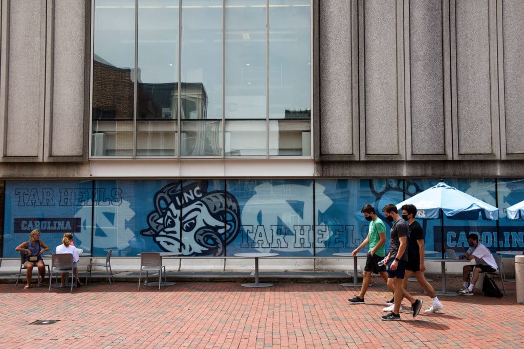 Students walk through the campus of the University of North Carolina at Chapel Hill, as seen in August 2020. (Melissa Sue Gerrits—Getty Images)