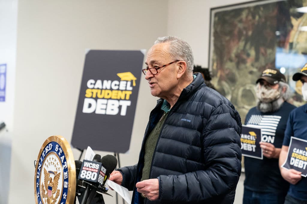 U.S. Senator Charles Schumer speaks about the plan to cancel student debt at Hunter College, as seen in April 2021. (Photo by Lev Radin—Pacific Press/LightRocket/Getty Images)