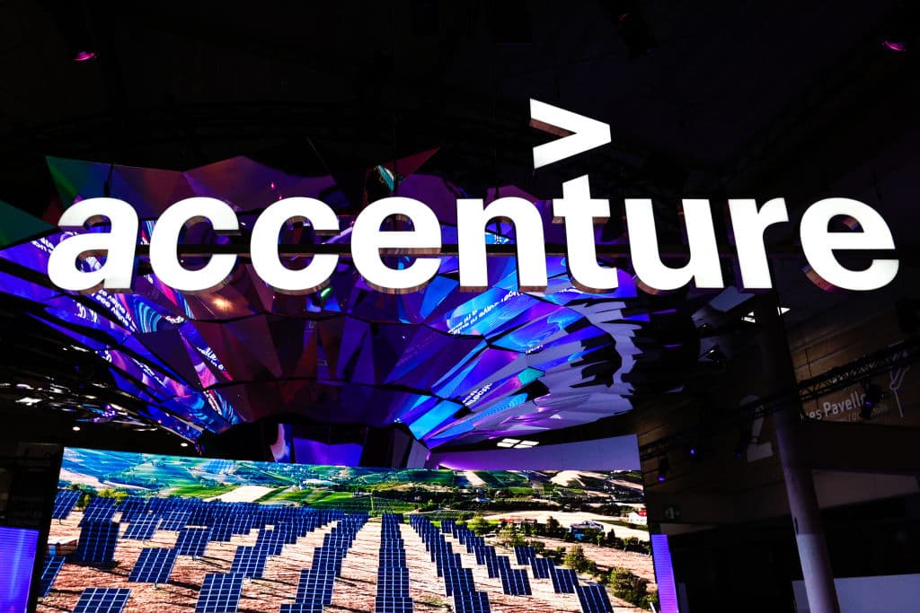 Accenture logo during the second day of Mobile World Congress (MWC), as seen in June 2021 in Barcelona, Spain. (Photo by Joan Cros—NurPhoto/Getty Images)