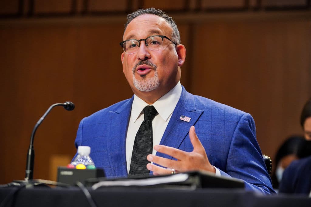 Miguel Cardona, U.S. secretary of education, speaks during a Senate Health, Education, Labor, and Pensions Committee hearing in Washington, D.C., U.S., as seen in September 2021. (Photographer: Greg Nash—The Hill/Bloomberg/Getty Images)