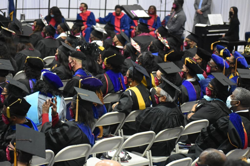 Students are seen as U.S President Joe Biden delivers remarks at South Carolina State University's 2021 Fall Commencement Ceremony in Orangeburg, SC, as seen in December 2021.