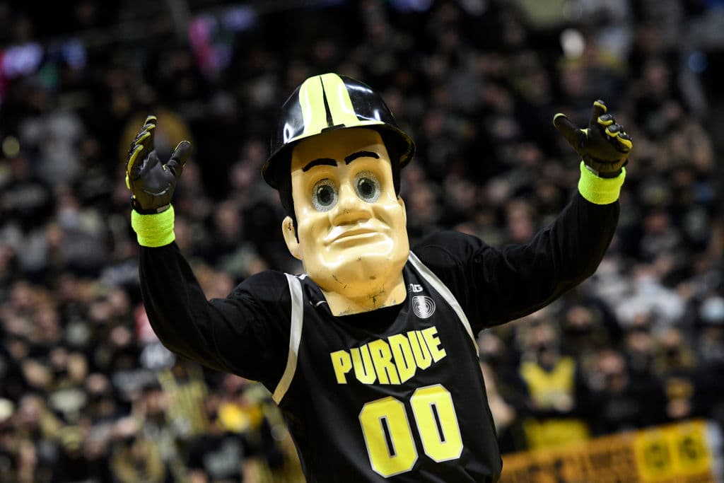 Purdue Pete pumps up the crowd during the college basketball game between the Ohio State Buckeyes and the Purdue Boilermakers, as seen in January 2022. (Photo by Michael Allio—Icon Sportswire/Getty Images)