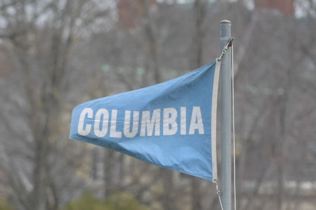 A Columbia Lions flag waves in the wind during a women's college lacrosse game between the Princeton Tigers and Brown Bears, as seen in April 2022 in Providence, RI. (Photo by Erica Denhoff—Icon Sportswire/Getty Images)