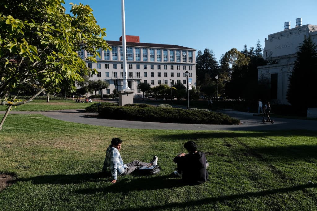 Students near the Chan Shun Auditorium on the University of California, Berkeley campus, as seen in August 2022. (Photographer: David Odisho—Bloomberg/Getty Images)