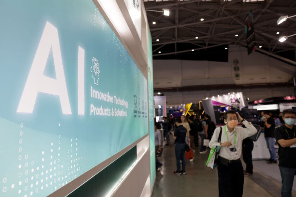 Signage for artificial intelligence during the Taipei Computex expo in Taipei, Taiwan, as seen in May 2023.