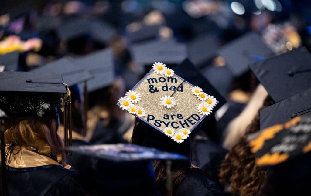 Vanguard University students listen to speakers during graduation at Mariners Church in Irvine, Calif., as seen in May 2022. (Photo by Paul Bersebach—MediaNews Group/Orange County Register/Getty Images)