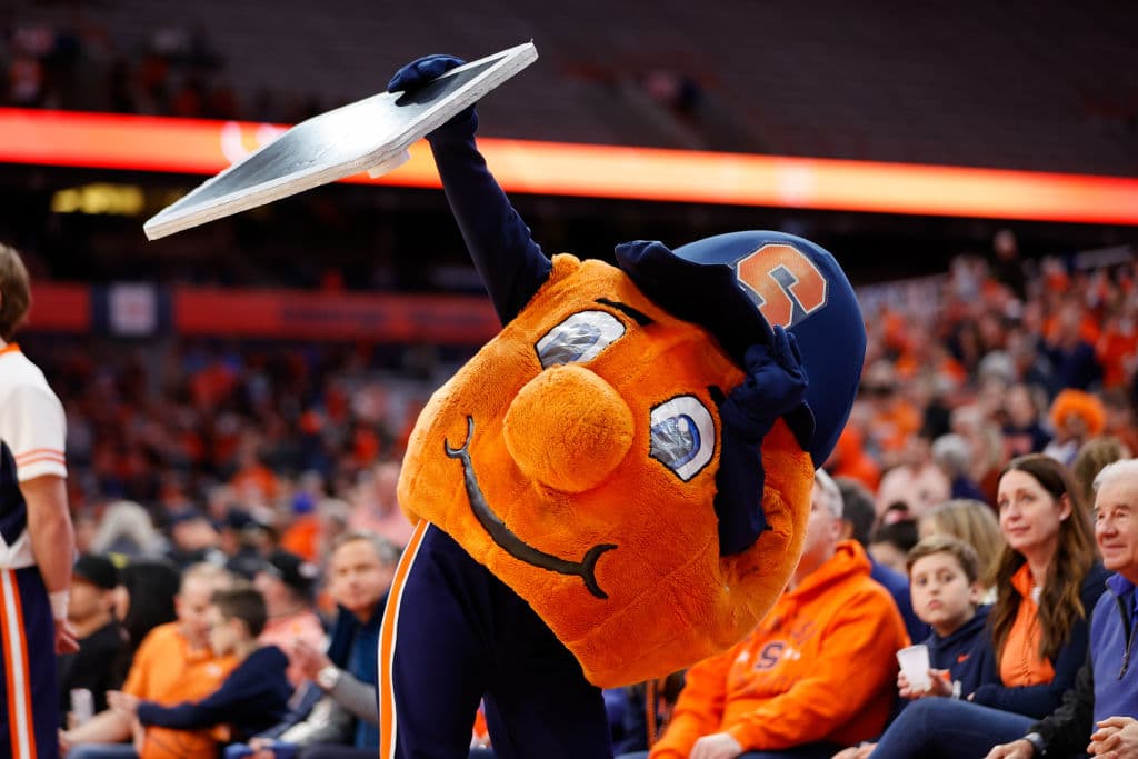 Otto the Orange on the sidelines at a men’s basketball game at JMA Wireless Dome, March 2023, in Syracuse, N.Y. (Photo by Isaiah Vazquez/Getty Images)