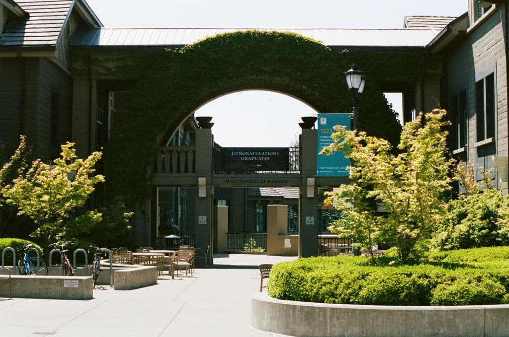Facade and landscaped entryway to Haas School of Business on the campus of UC Berkeley in downtown Berkeley, California, as seen in May 2018. Smith Collection—Gado/Getty Images
