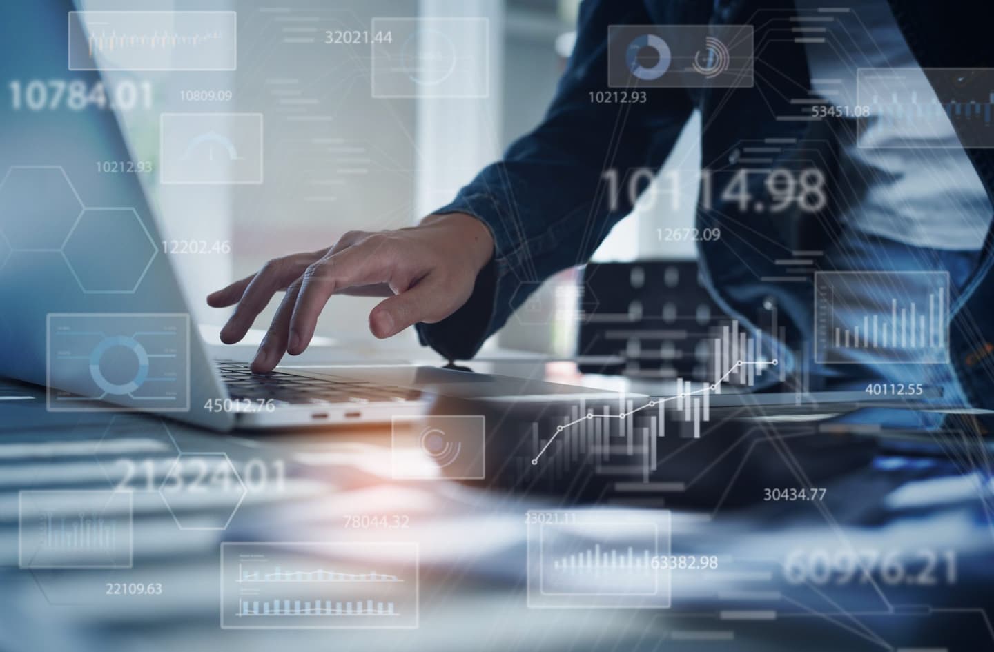 Businesswoman working on laptop computer analyzing sales data and economic growth graph chart. Business strategy, digital market report analysis, data scientist