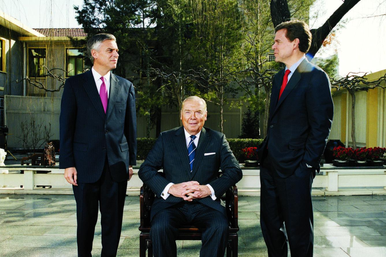 Huntsman Corp. founder and chairman Jon Meade Huntsman (seated) heads a clan that includes Jon Jr. (left), the U.S. ambassador to China, and Peter (right), now CEO of the company his father founded 40 years ago.