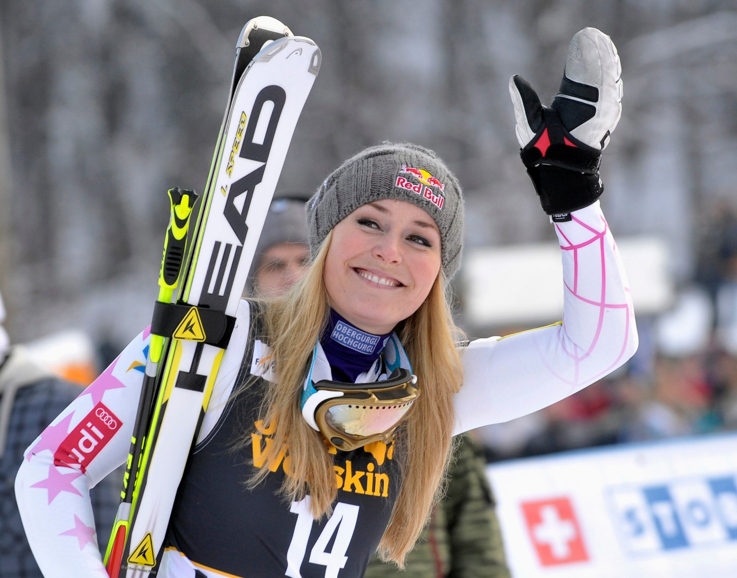 Vonn of the U.S. reacts after winning  the World Cup Women's Giant Slalom race in Maribor