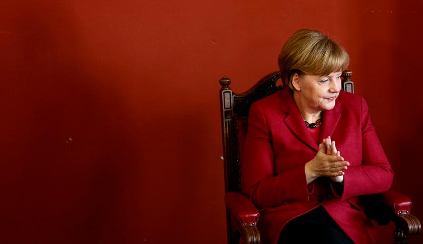 Merkel is pictured in Trinity college before she addressed students in the Dublin University