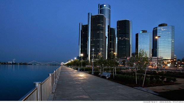 The RiverWalk and Wintergarden entrance to the GM Renaissance Center, along the Detroit River in Detroit, Michigan, USA, June 23, 2005. (General Motors/John F. Martin)