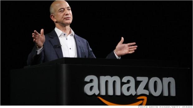 Jeff Bezos is animated as he speaks at an Amazon press conference