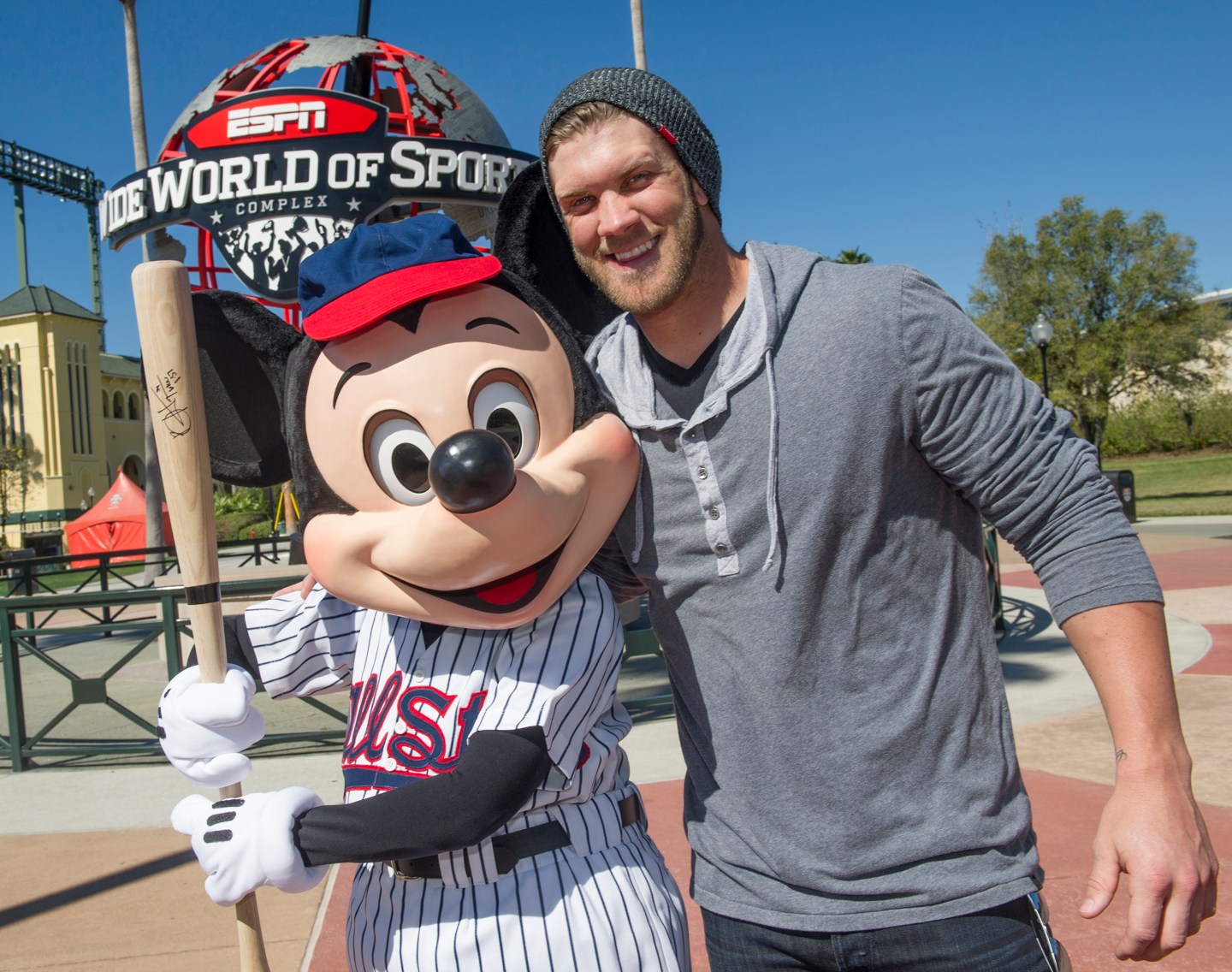LAKE BUENA VISTA, FL - MARCH 04: In this handout image provided by Disney Parks, reigning National League Rookie of the Year Bryce Harper of the Washington Nationals poses with Mickey Mouse at ESPN Wide World of Sports Complex March 4, 2013 at Walt Disney World in Lake Buena Vista, Florida. Harper also was named to the 2012 NL All-Star Team. The Washington Nationals are hosting their MLB Spring Training in nearby Viera, Florida. (Photo by Gene Duncan/Disney Parks via Getty Images)