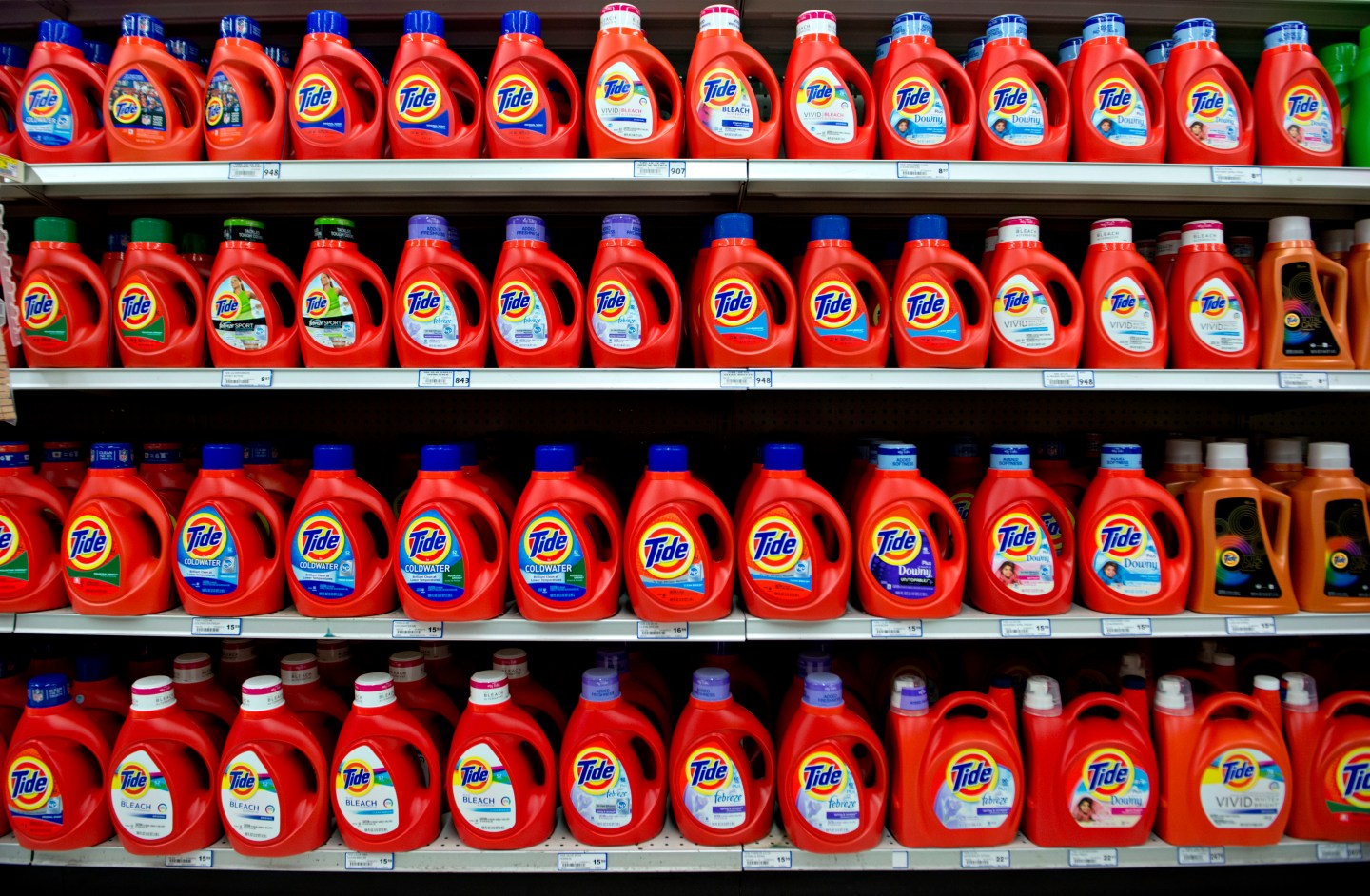 Procter & Gamble Co. Tide brand laundry detergent sits on display in a supermarket in Princeton, Illinois, U.S., on Wednesday, Oct. 23, 2013. Procter & Gamble Co., the worlds largest consumer-products maker, said fiscal first-quarter profit rose 7.6 percent as sales of home-care goods and baby products gained. Photographer: Daniel Acker/Bloomberg via Getty Images