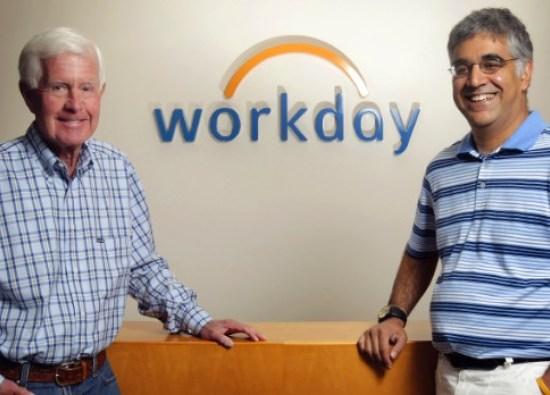 Dave Duffield, left, and Aneel Bhusri, right,  co-founders and co-CEO's of Workday, pose for a photo in Pleasanton, California, U.S., on Friday, May 21, 2010. Photographer: Tony Avelar/Bloomberg News