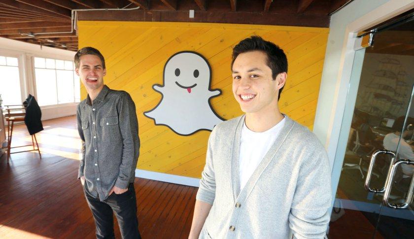 Snapchat co-founders Evan Spiegel (left) and Bobby Murphy, photographed in Venice, Calif.