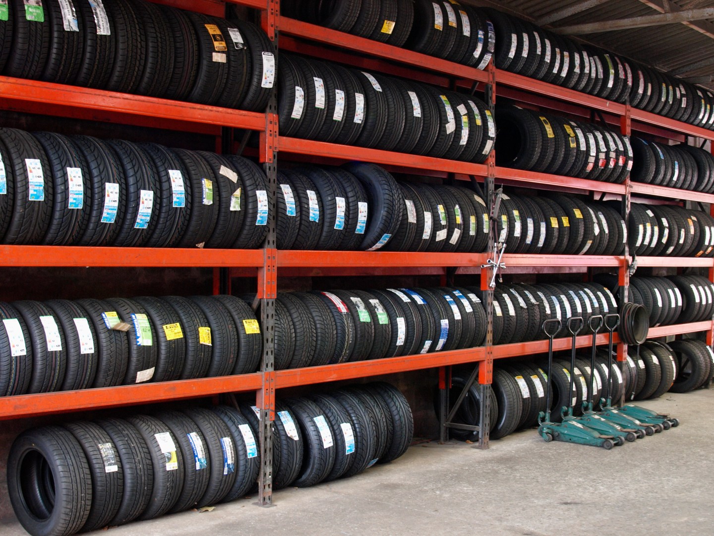 Rows of new tires at a repair center, Bideford, Devon