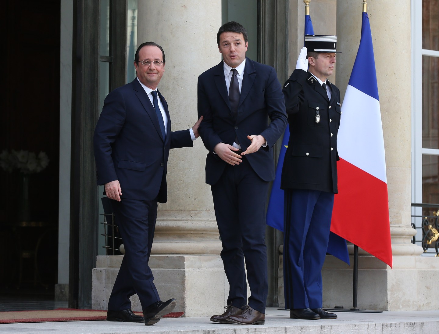 French President Francois Hollande Receives Italian Prime Minister Matteo Renzi At Elysee Palace
