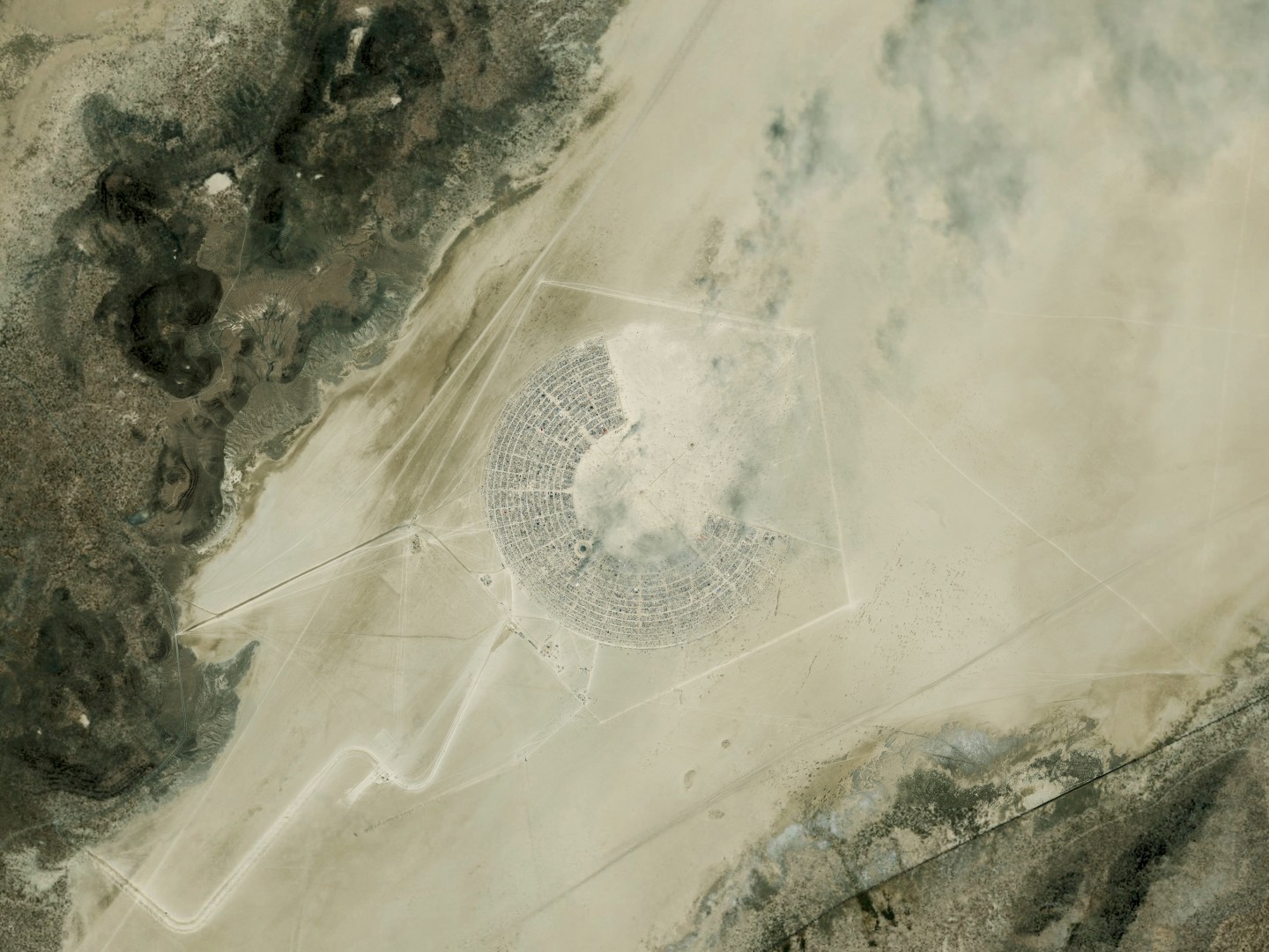 A satellite image of the Burning Man Festival in Black Rock City Nevada on August 29, 2013.