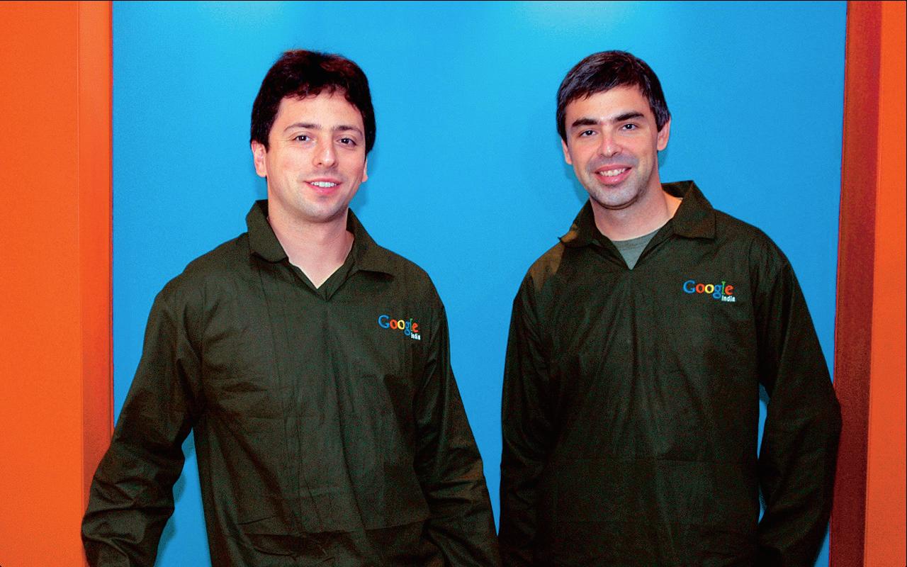 Sergey Brin with Larry Page in Bangalore, india in October 2004.