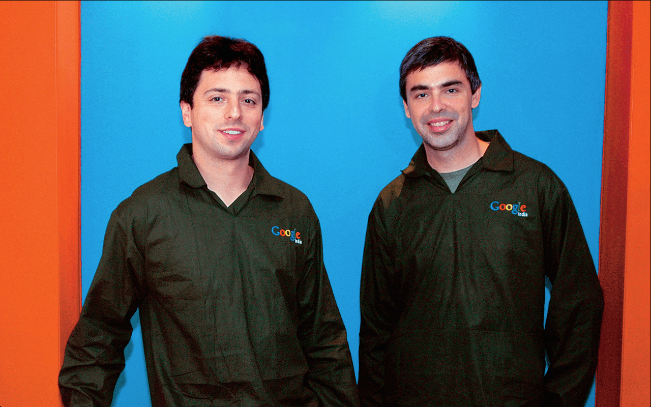 Sergey Brin with Larry Page in Bangalore, india in October 2004.