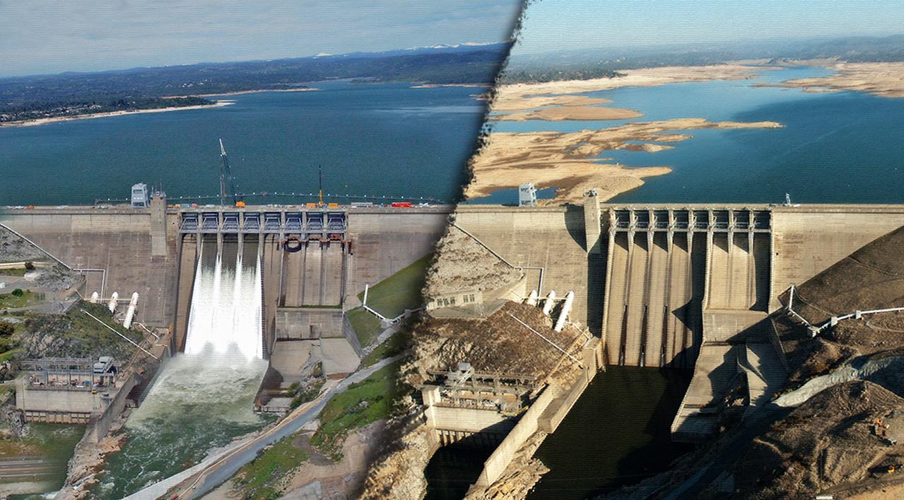 At left, Folsom Lake in March 2011. At right, Folsom Lake in January 2014.