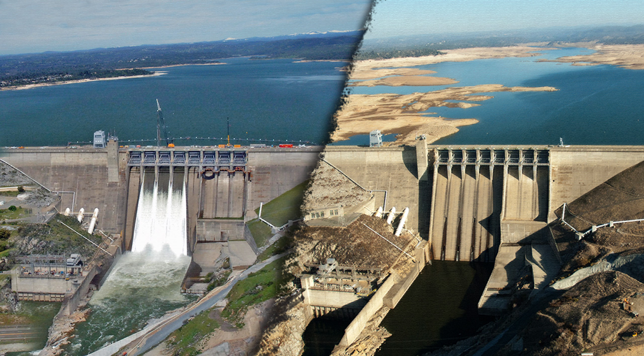 At left, Folsom Lake in March 2011. At right, Folsom Lake in January 2014.