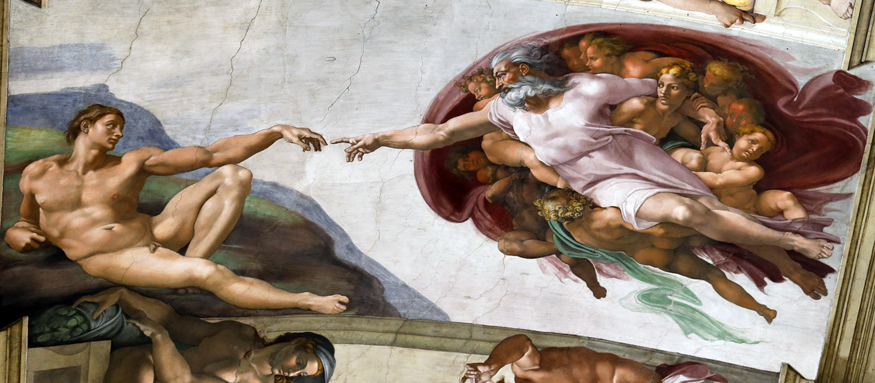 Sistine Chapel ceiling fresco by Michelangelo. The Creation of Adam. The Vatican.