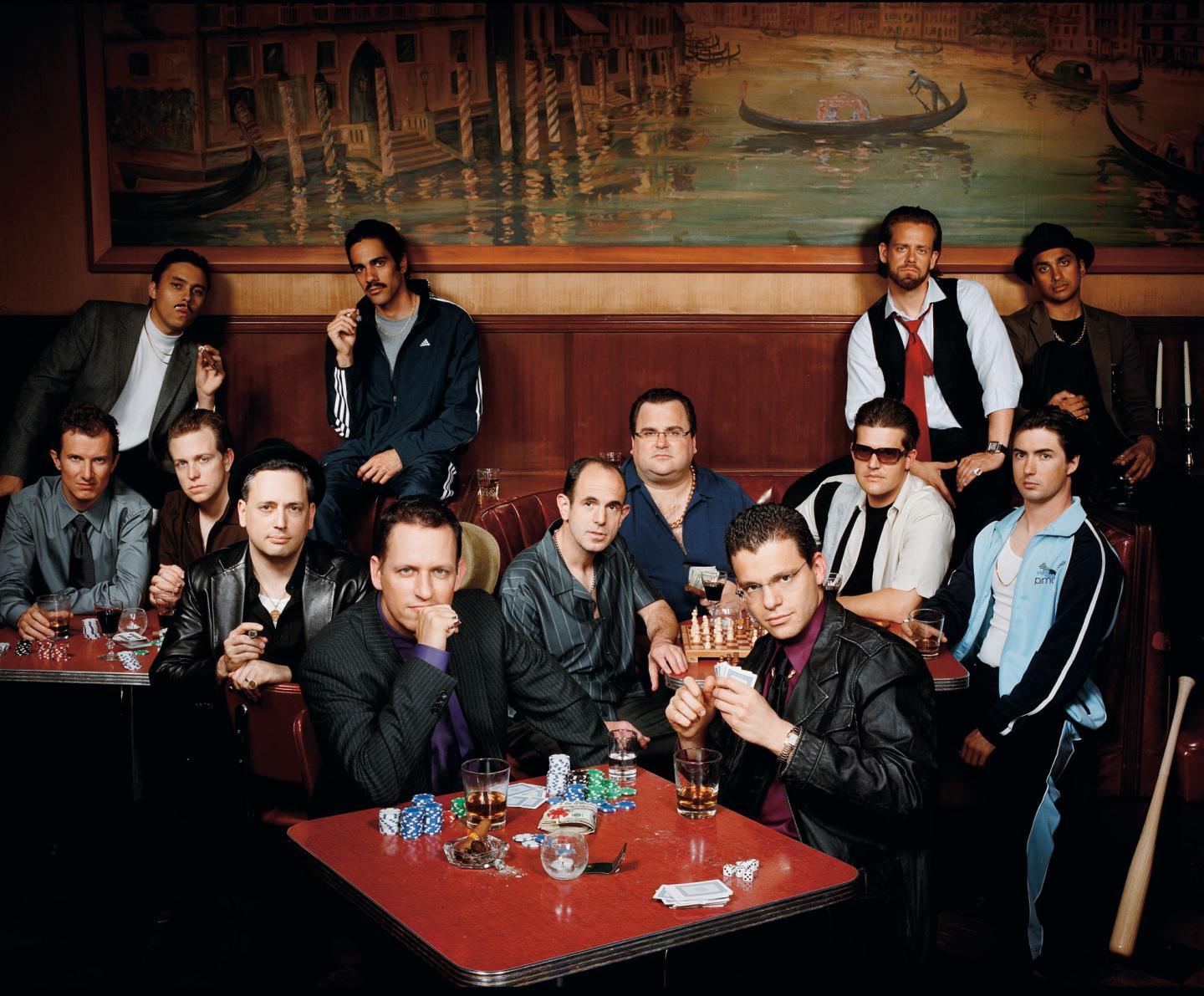 The "paypal mafia" photographed at Tosca in San Francisco, Oct, 2007.Back row from left: Jawed Karim, co-founder Youtube; Jeremy Stoppelman CEO Yelp; Andrew McCormack, managing partner Laiola Restaurant; Premal Shah, Pres of Kiva; 2nd row from left: Luke Nosek, managing partner The Founders Fund; Kenny Howery, managing partner The Founders Fund; David Sacks, CEO Geni and Room 9 Entertainment; Peter Thiel, CEO Clarium Capital and Founders Fund; Keith Rabois, VP BIz Dev at Slide and original Youtube Investor; Reid Hoffman, Founder Linkedin; Max Levchin, CEO Slide; Roelof Botha, partner Sequoia Capital; Russel Simmons, CTO and co-founder of Yelp