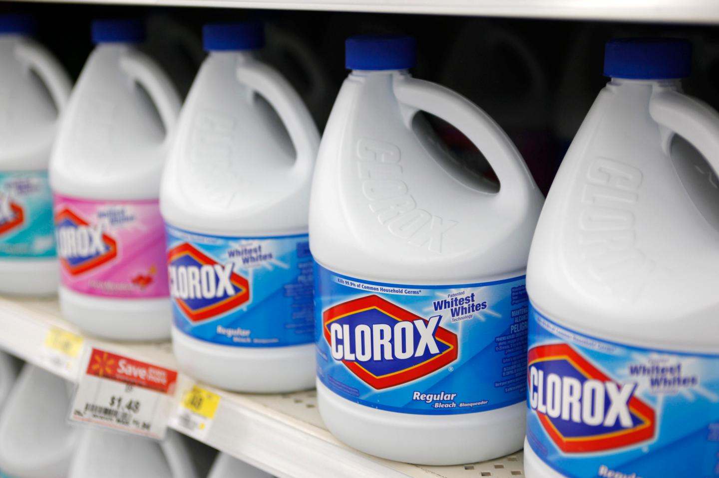 Bottles of Clorox bleach are displayed for sale on the shelves of a Wal-Mart store in Rogers