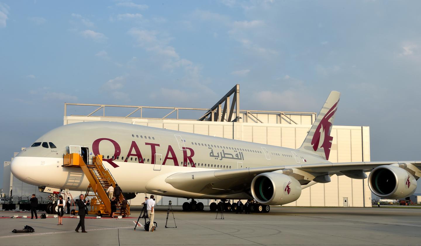 An Airbus A380 is pictured during the delivery ceremony for Qatar Airways first 10 Airbus A380s at Airbus headquarters in Hamburg-Finkenwerder