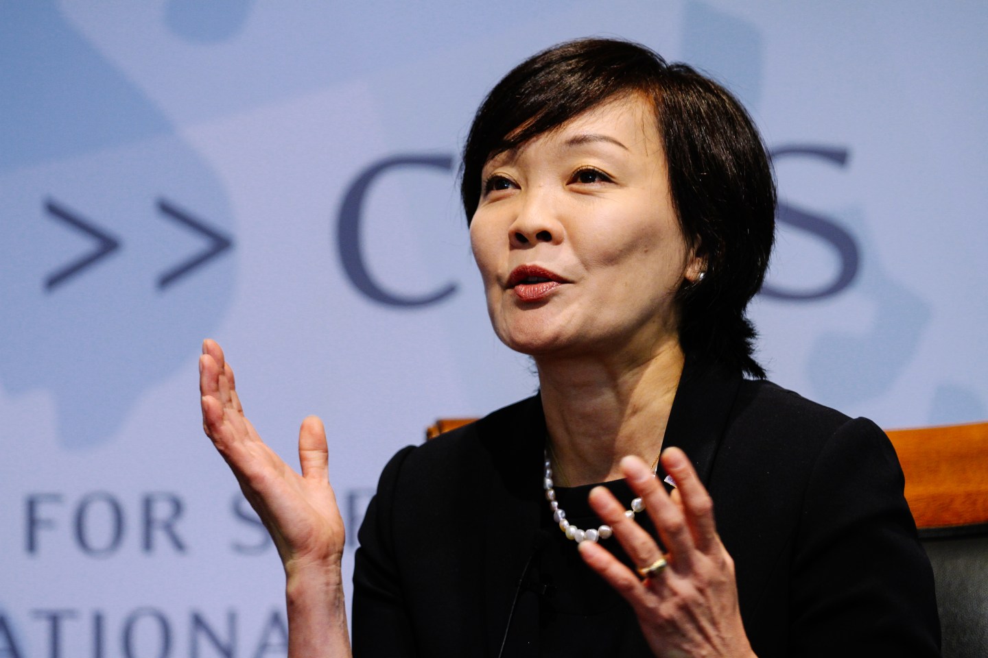 Japan's first lady Akie Abe speaking at CSIS headquarters in Washington, D.C., on September 23, 2014.