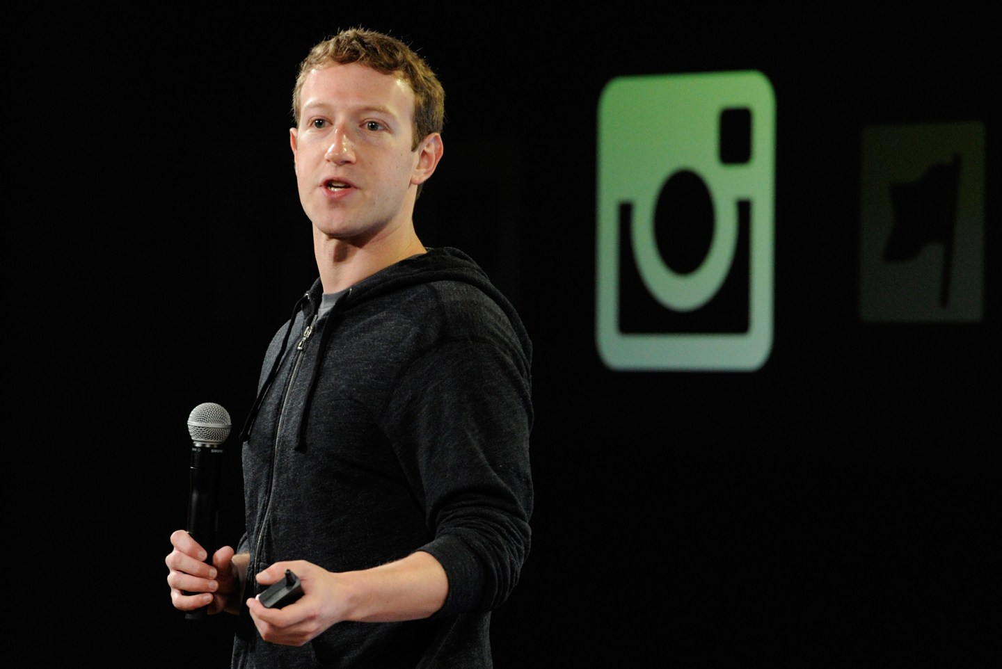Facebook CEO Mark Zuckerberg in front of the Instagram logo in 2013. The social network bought Instagram, in which Thrive Capital invested, for $1 billion in 2012.