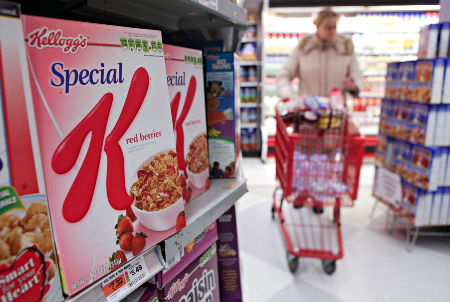 Kellogg's cereal products sit on display in a supermarket in
