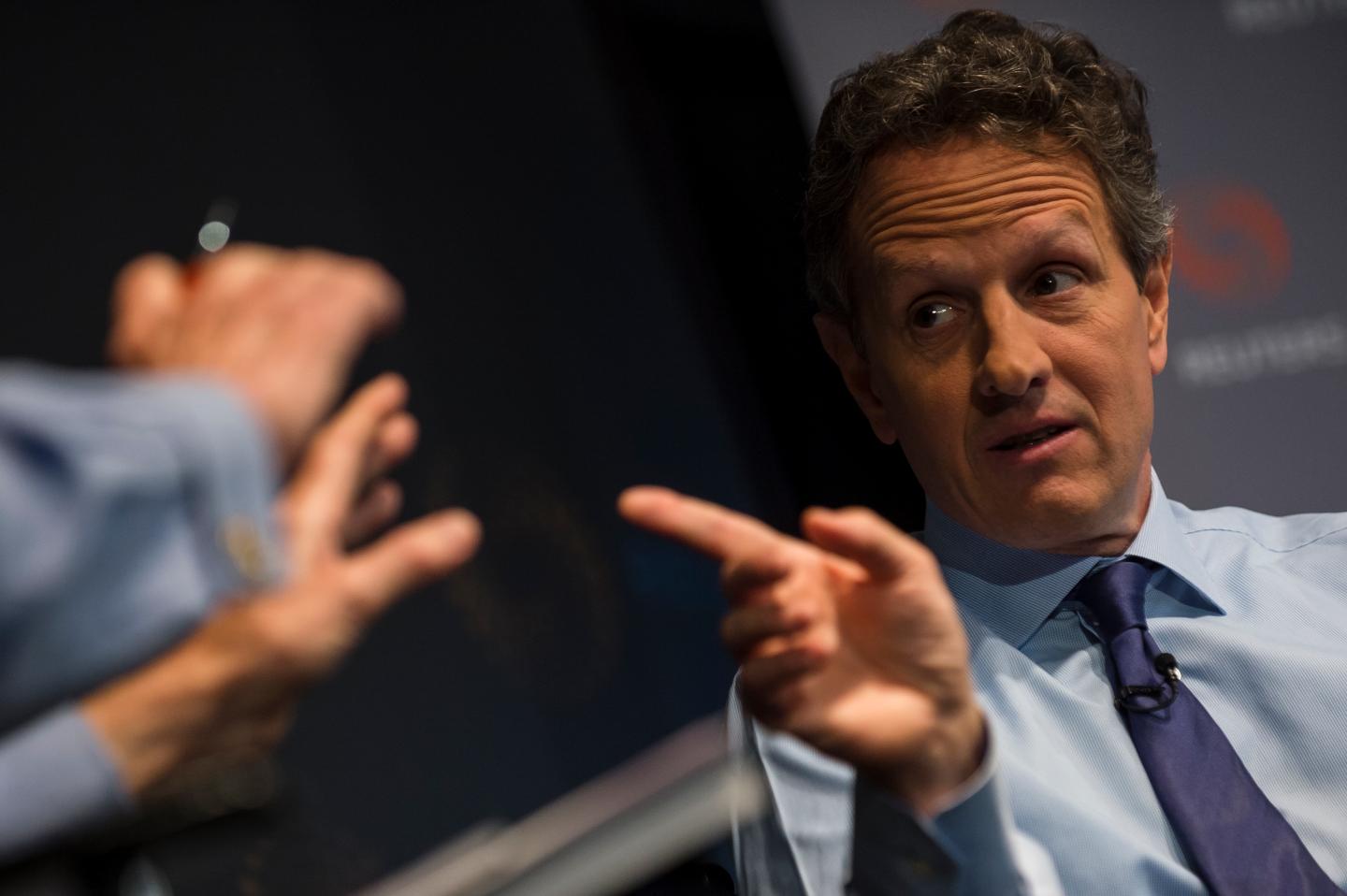 Geithner speaks during an event in New York
