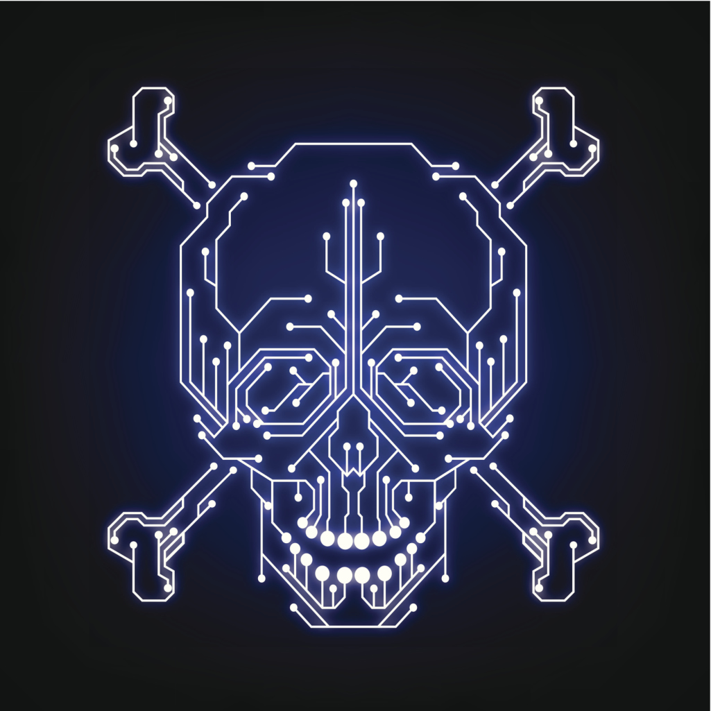 Cyber security, piracy, hacker, bug, flaw, crack, skull