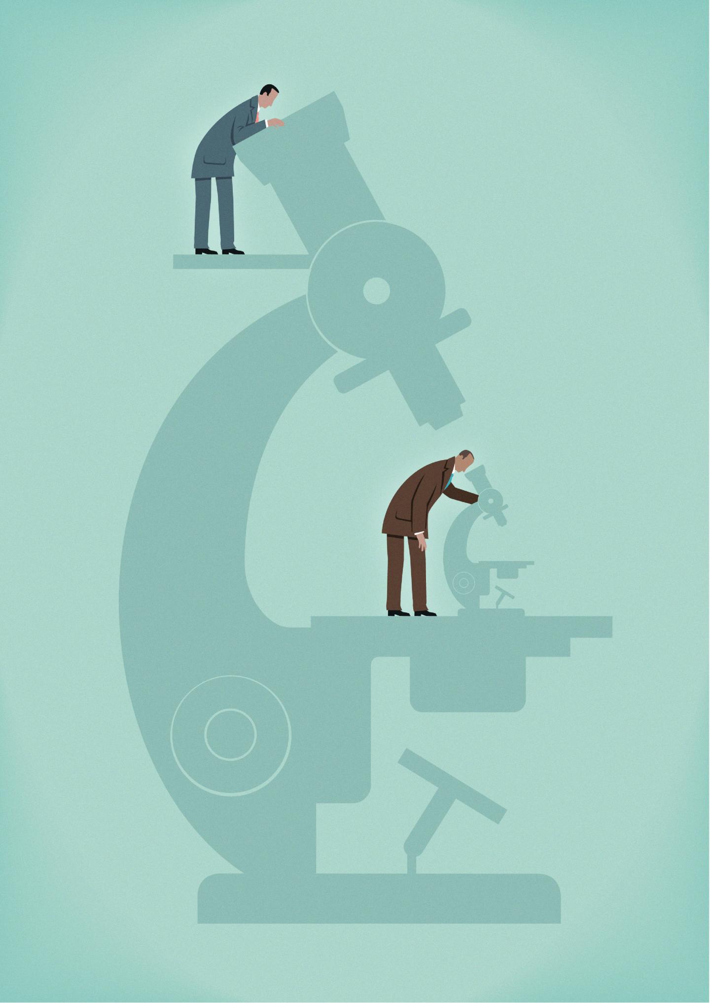 Businessman with large microscope watching businessman using microscope