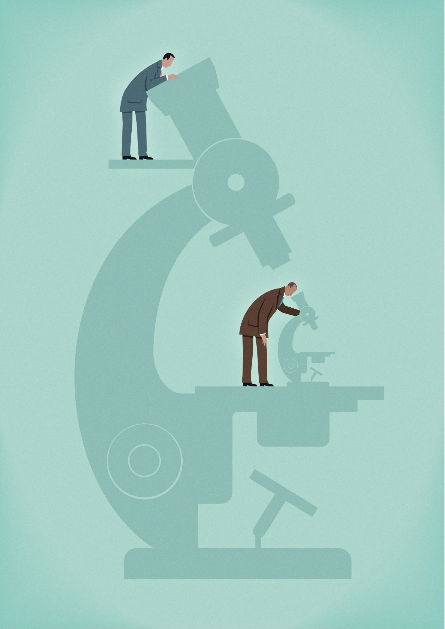 Businessman with large microscope watching businessman using microscope