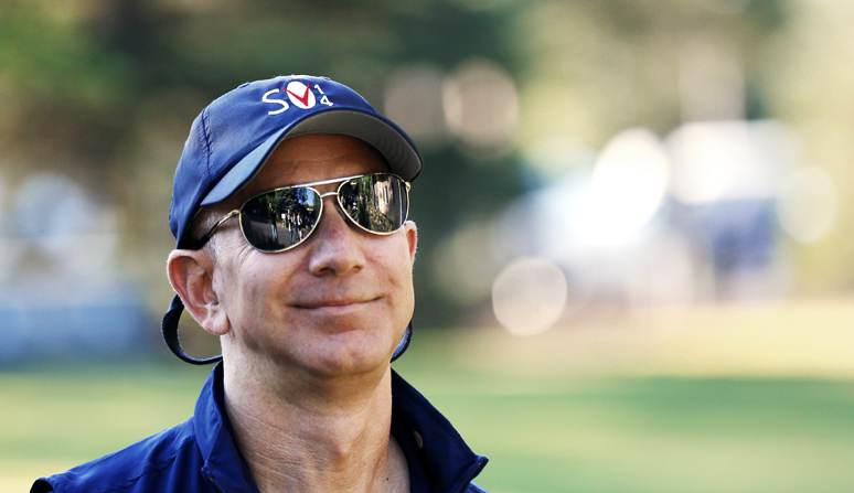 Jeff Bezos, founder and CEO of Amazon.com, arrives for the third day of the Allen and Co. media conference in Sun Valley