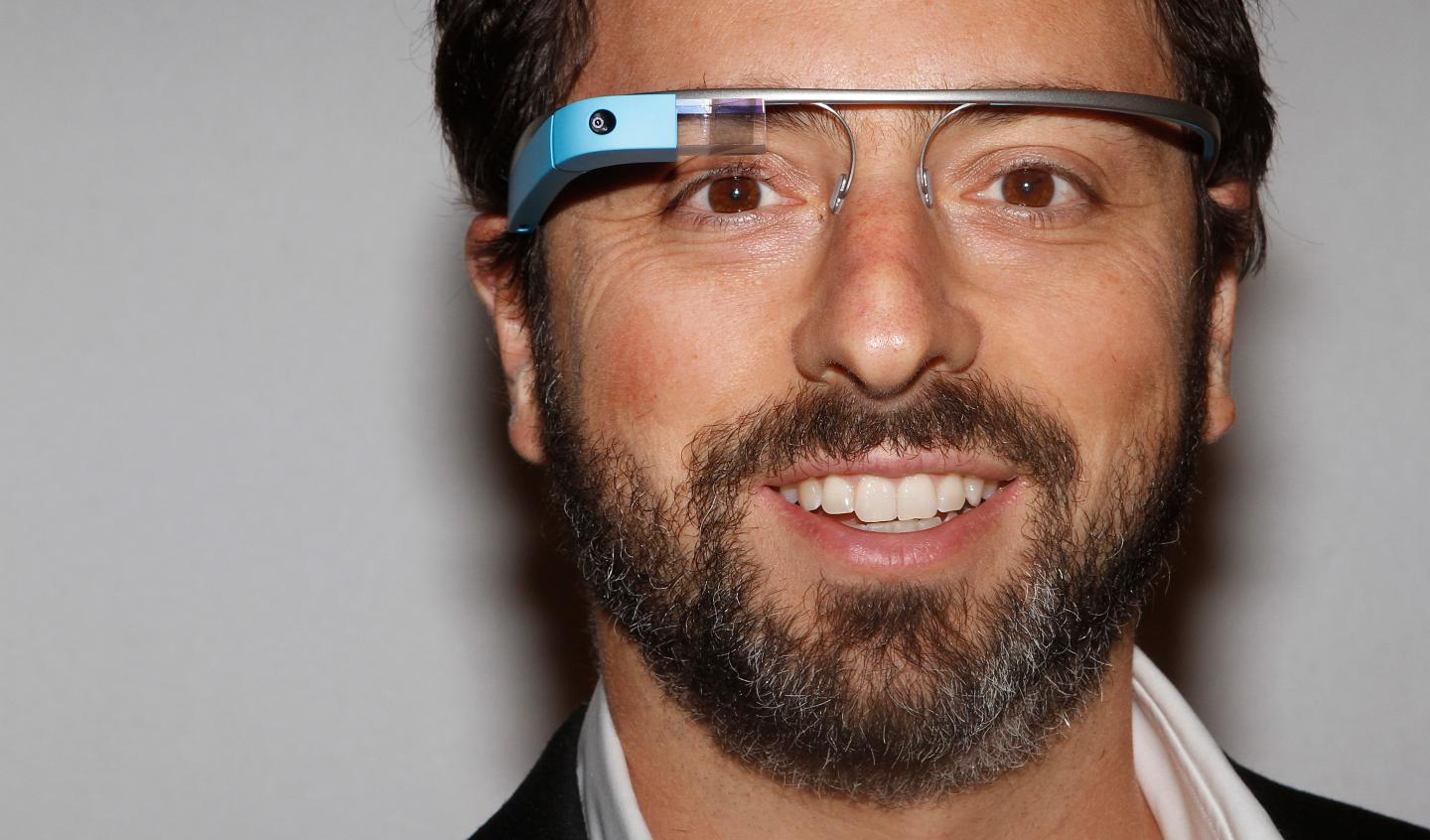 Google founder Sergey Brin poses for a portrait wearing Google Glass glasses before the Diane von Furstenberg  Spring/Summer 2013 collection show during New York Fashion Week
