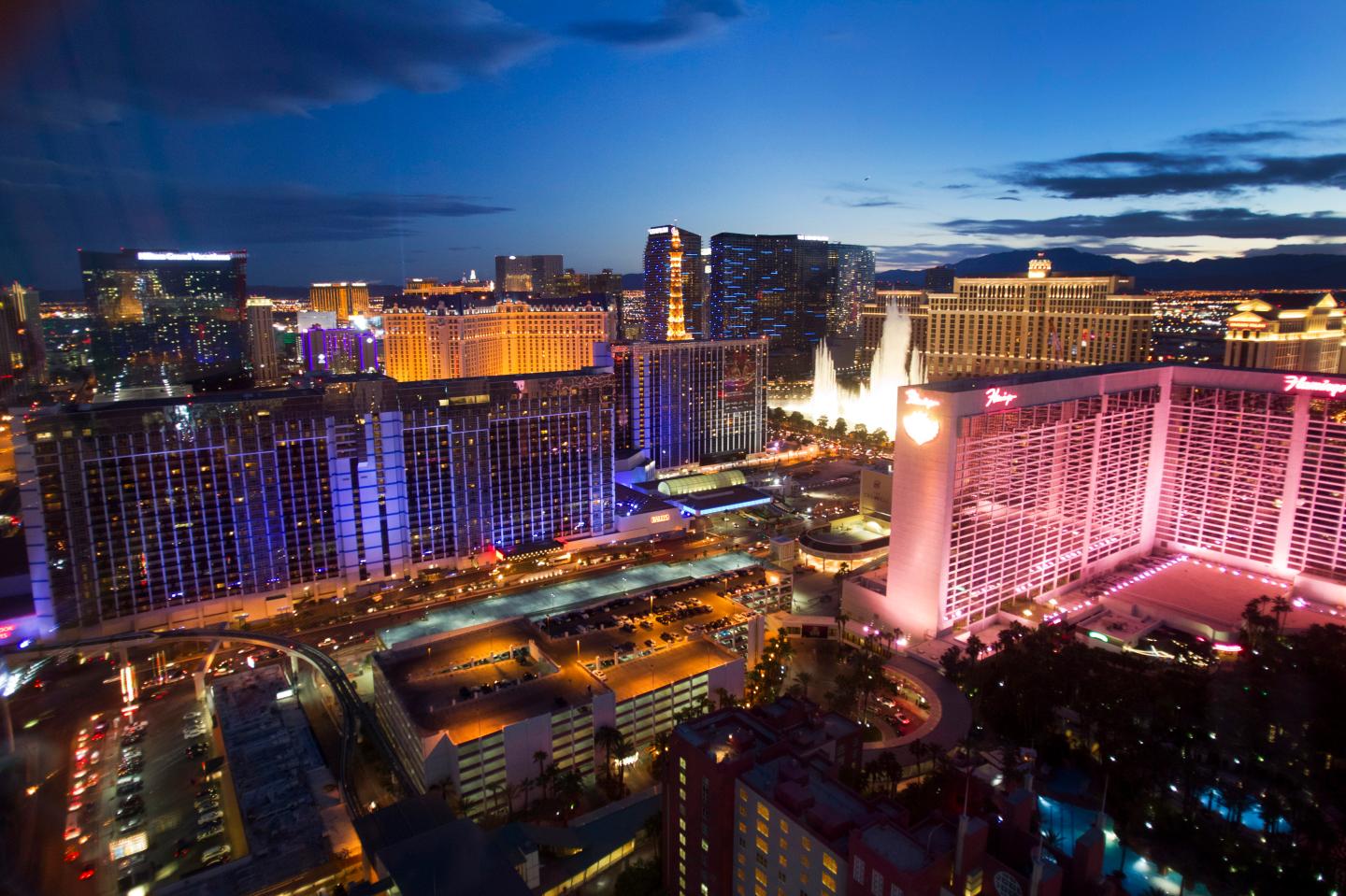 Las Vegas Strip casinos are seen from the 550 foot-tall (167.6 m) High Roller observation wheel, the tallest in the world, in Las Vegas