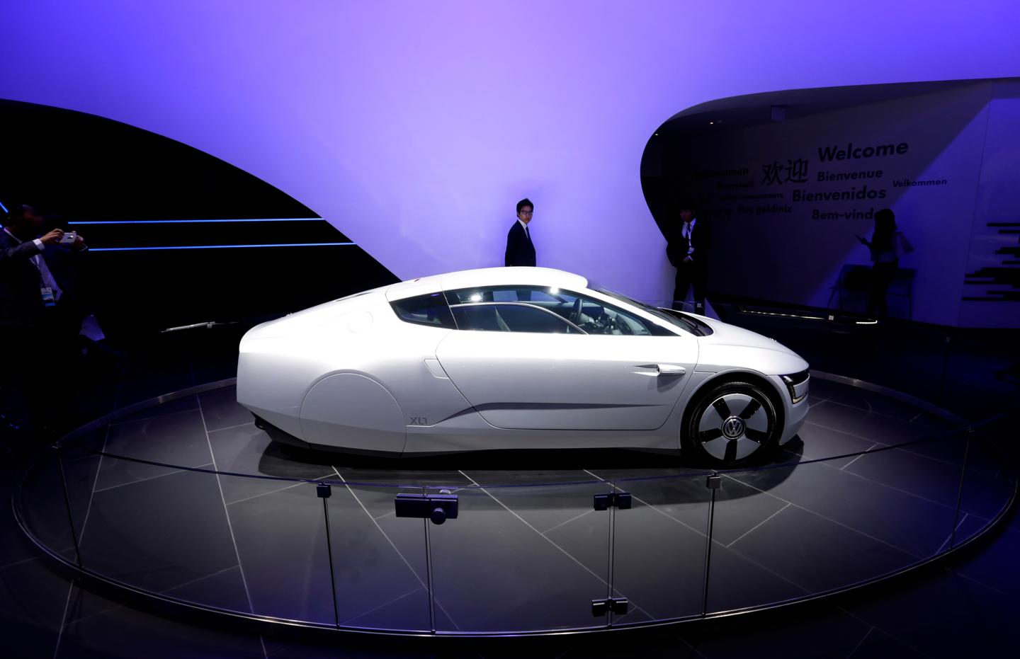 A Volkswagen XL1 hybrid car is displayed at Auto China 2014 in Beijing
