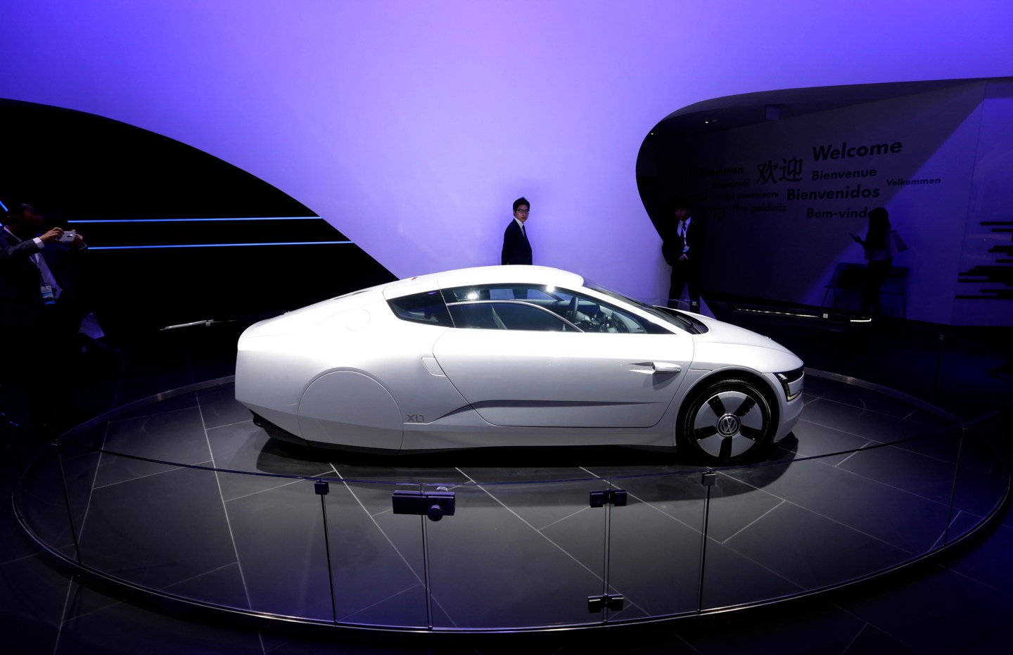 A Volkswagen XL1 hybrid car is displayed at Auto China 2014 in Beijing
