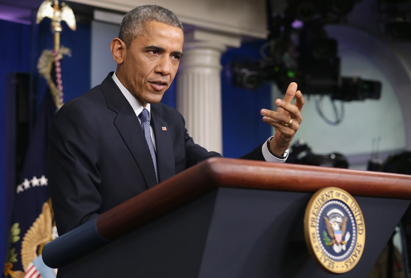 WASHINGTON, DC - DECEMBER 19: U.S. President Barack Obama speaks to members of the media during his last news conference of the year in the James Brady Press Briefing Room of the White House December 19, 2014 in Washington, DC. President Obama faced questions on various topics including the changing of Cuba policy, the Sony hack, and his plan on working with a Republican majority Congress. (Photo by Chip Somodevilla/Getty Images)