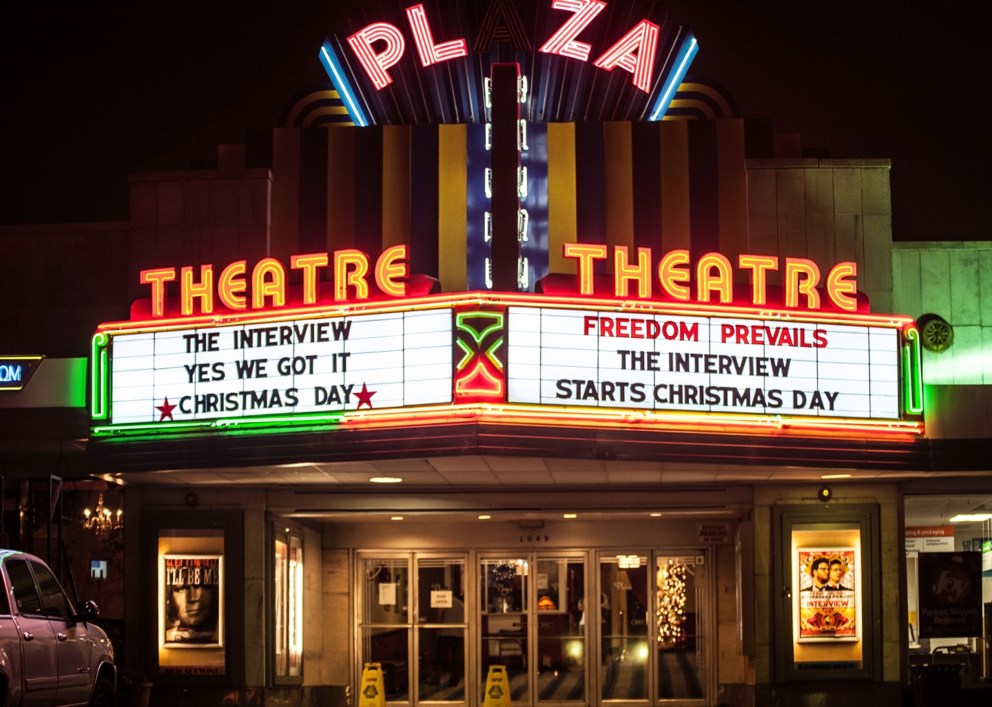 Sony Pictures' "The Interview" opens on Christmas Day at the Plaza Theater on December 25, 2014 in Atlanta, GA. Sony hackers have been releasing stolen information and threatened attacks on theaters that screened the film.
