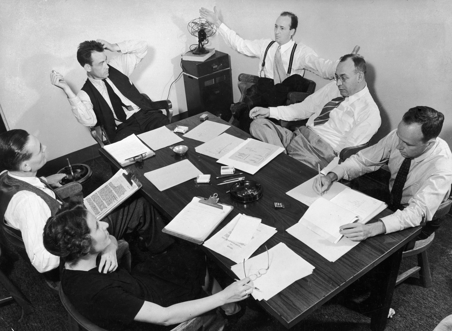 Fortune magazine editorial staff meeting.